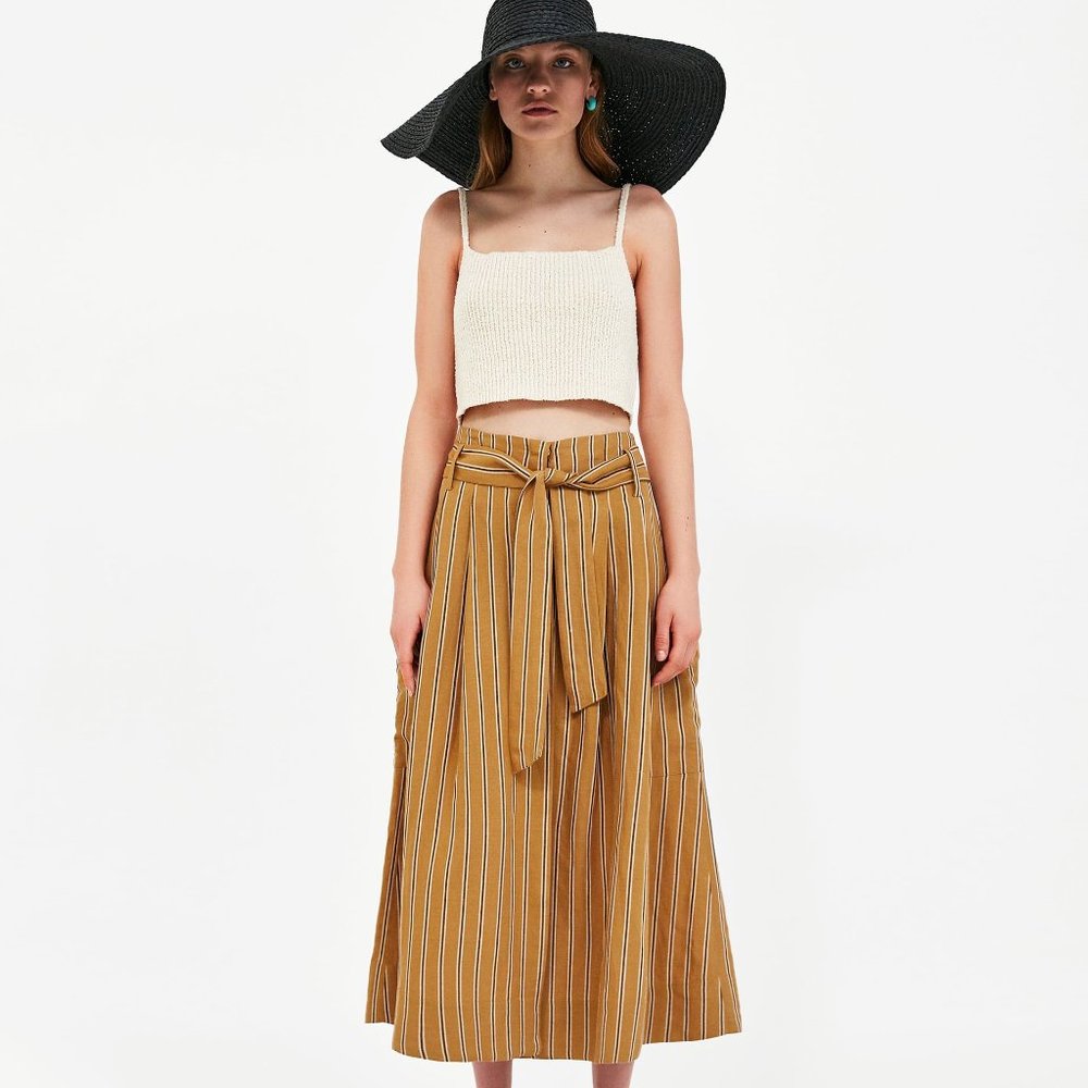 Zara Voluminous Linen Blend Striped Skirt with Bow Detail - Picture 5 of 8